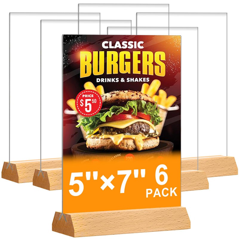 DunGu 5x7 Acrylic Sign Holder - T Shape Clear Flyer Holder with Wood Base, 6 Pack Double Sided Picture Frames, Plastic Table Menu Display Stand for Wedding, Office, School, Restaurant - Image 1